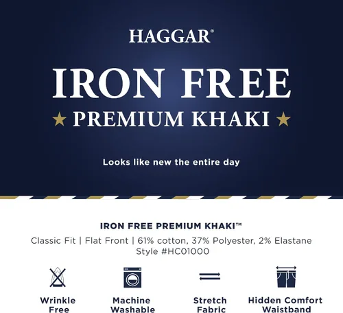 Miniatura 5 de Haggar Pantalón casual para hombre sin hierro de alta calidad, color caqui, ajuste clásico, parte delantera plana, cintura expansible, tallas