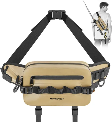 Miniatura 12 de THKFISH Riñonera de pesca impermeable con soporte para caña de pescar, cierre hermético con cremallera, bolsa ligera para pesca con mosca Verde