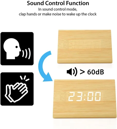 Miniatura 2 de OCT17 Reloj de madera de madera, nueva versión LED alarma reloj de escritorio digital brillo ajustable, hora de alarma, muestra la hora y la Bambú
