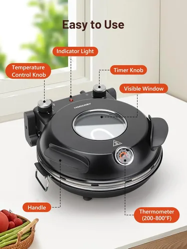 Miniatura 4 de Horno de pizza eléctrico para interiores con piedra de cerámica esmaltada, horno de pizza portátil de 12 pulgadas con temporizador ajustable, Negro
