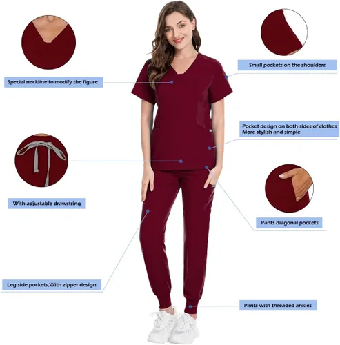 Miniatura 5 de niaahinn Conjunto de traje médico para mujer, moderno top con cuello en V y pantalones deportivos de pierna cónica con cordón, conjunto de uniformes
