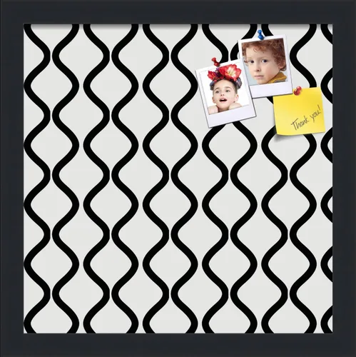 PinPix Tablero de anuncios de corcho de 13 x 13 pulgadas. Este tablero decorativo enmarcado viene con diseño de ondas en blanco y negro y un marco