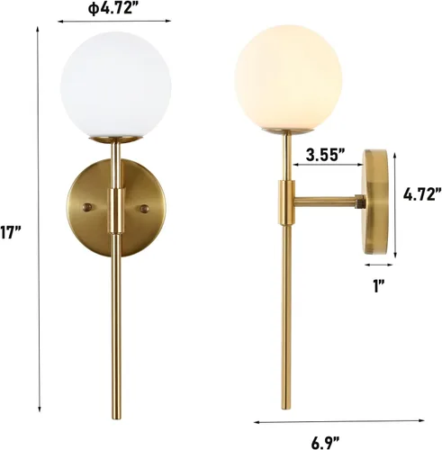 Miniatura 4 de BYOLIIMA Juego de 2 apliques de pared dorados con pantallas de globo de vidrio blanco, lámpara de pared moderna de mediados de siglo para tocador
