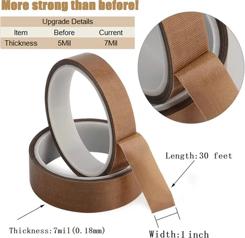 Miniatura 2 de Cinta de tela de teflón, cinta de PTFE de 1 pulgada y 30 pies para máquina selladora al vacío, selladores de impulso manual, cinta adhesiva de fibra