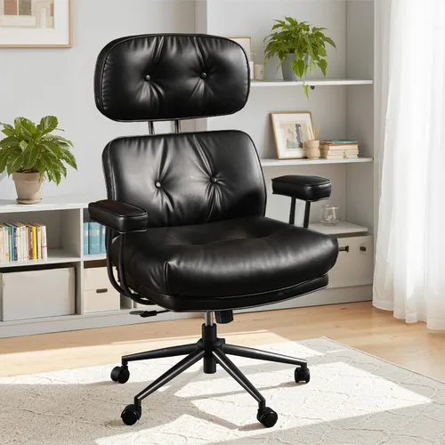 Miniatura 14 de Silla de oficina con 360 ruedas, silla de oficina de mediados de siglo con soporte para el respaldo, silla de escritorio de piel sintética, ángulo