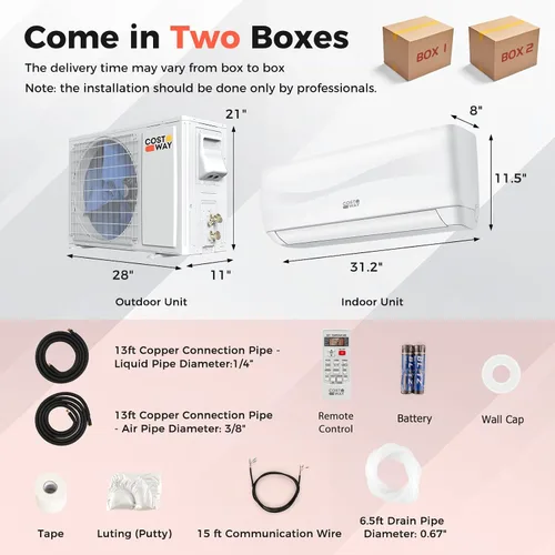 Miniatura 7 de COSTWAY Aire acondicionado y calentador mini split de 9000BTU, 17 SEER2 208-230 V, unidad de CA sin conductos montada en la pared, enfría