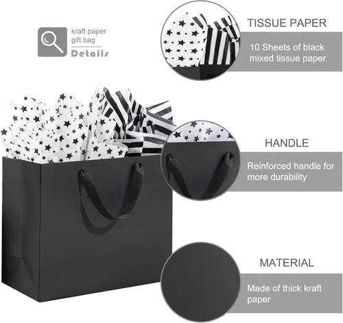 Miniatura 3 de Paquete de 4 bolsas de regalo negras extra grandes, bolsas de regalo grandes con papel de seda, 16 x 6 x 12 pulgadas, bolsas de regalo para pequeñas