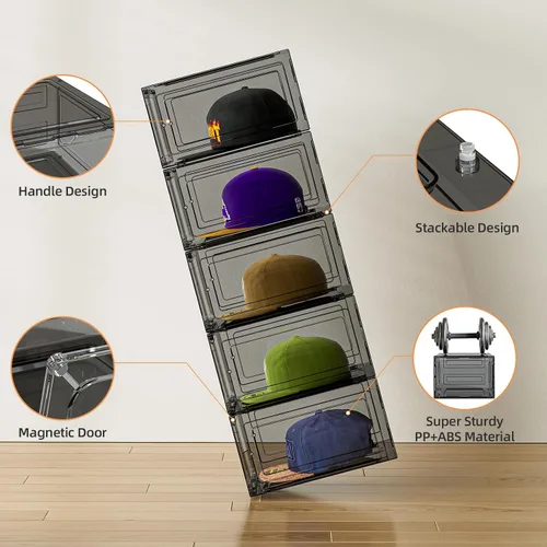 Miniatura 6 de Caja organizadora de sombreros para gorras de béisbol, paquete de 6 estuches de almacenamiento de sombreros de plástico con puerta magnética