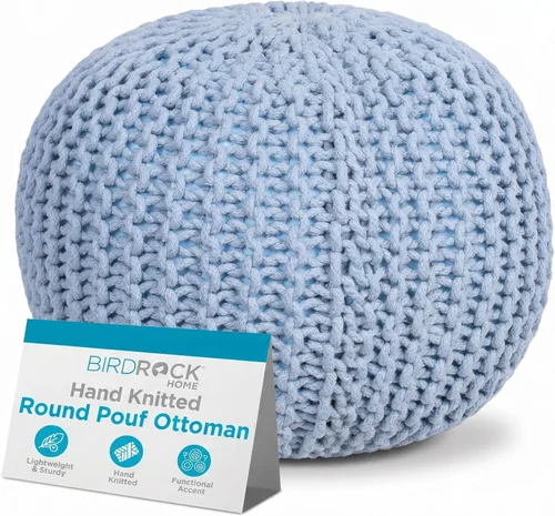BIRDROCK HOME Puf Otomano Redondo | Taburete de Pie de Algodón Trenzado con Relleno de Frijoles | Reposapiés Bohemio para Sala de Estar y Dormitorio