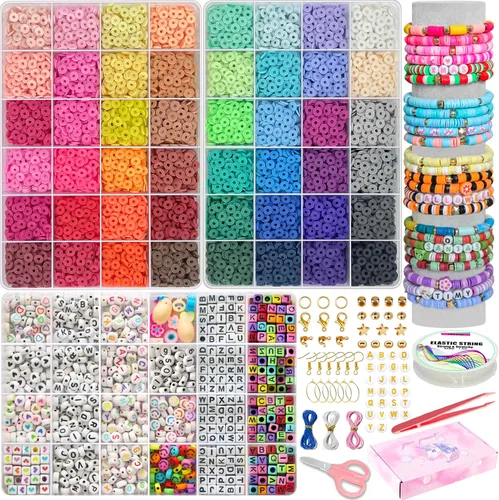 Miniatura 10 de YMSDZHL Kit de Fabricación de Pulseras con Más de 6000 Cuentas de Arcilla, 24 Colores de Cuentas Planas DIY Preppy para Hacer Joyas de Amistad