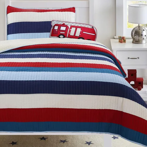 Miniatura 25 de Cozy Line Home Fashions Juego de ropa de cama acolchada reversible para niño de 100% algodón a rayas azul marino, colcha cubrecama para todas