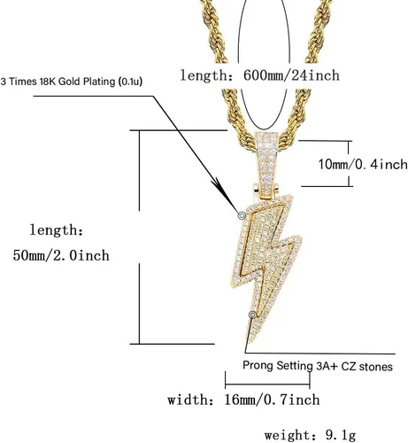 Miniatura 17 de JINAO Hip Hop - Colgante con diseño de rayo chapado en oro de 18 quilates con circonita cúbica con micropave de imitación de diamante para hombres