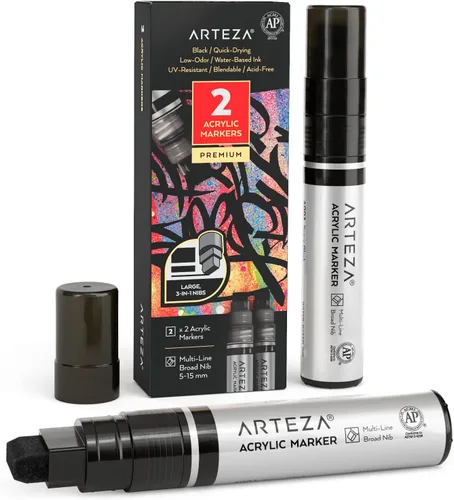 Miniatura 5 de ARTEZA Bolígrafos de pintura acrílica, paquete de 2, negro, punta multilínea 3 en 1, línea de 5 a 0.591 in, marcadores de pintura resistentes a