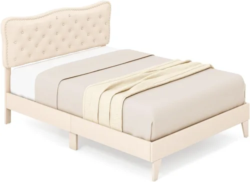 Miniatura 9 de Giantex Base de cama tamaño Queen color beige, plataforma tapizada de tela de lino con cabecera de clavos, base de colchón con botones y listones