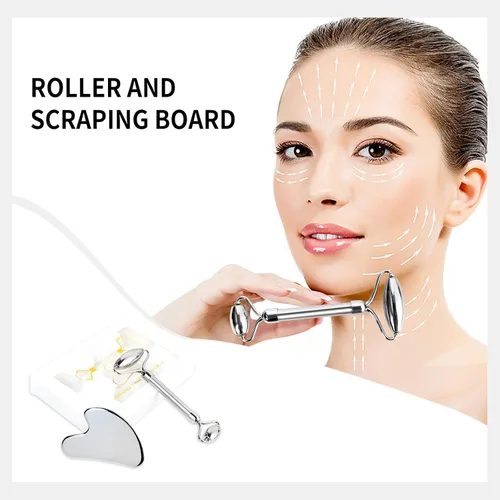 Miniatura 2 de Juego de rodillos faciales Gua-Sha para el cuidado de la piel facial, herramienta de escultura de piedra de acero inoxidable, rodillo masajeador