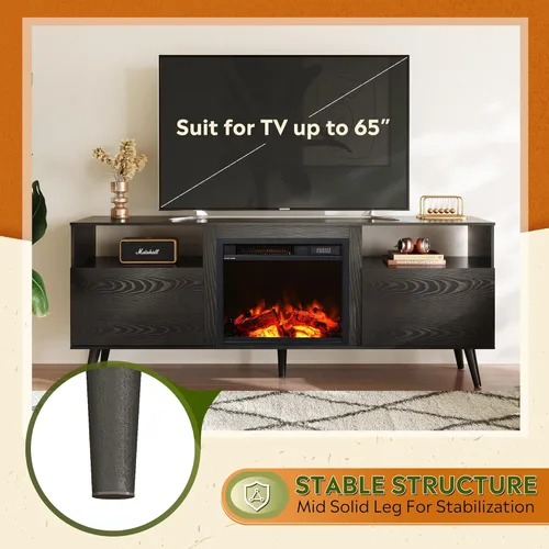 Miniatura 6 de WLIVE Soporte de TV con chimenea para TV de 55 y 65 pulgadas, centro de entretenimiento de mediados de siglo con chimenea eléctrica, consola de TV