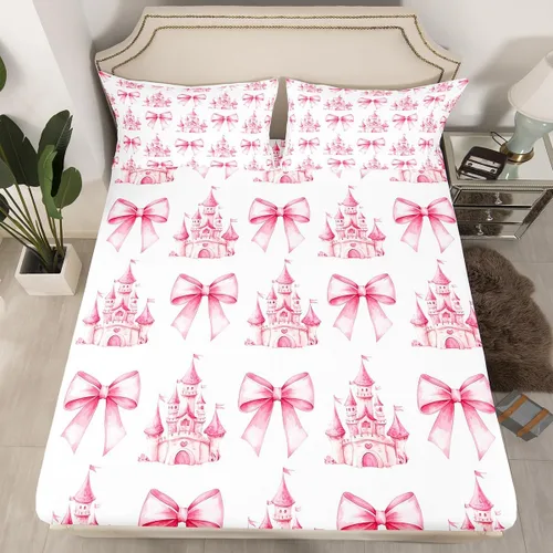 Miniatura 38 de Sábana bajera con lazo azul tamaño individual, juego de ropa de cama de princesa con cerezas, estrellas y flores margaritas de dibujos animados