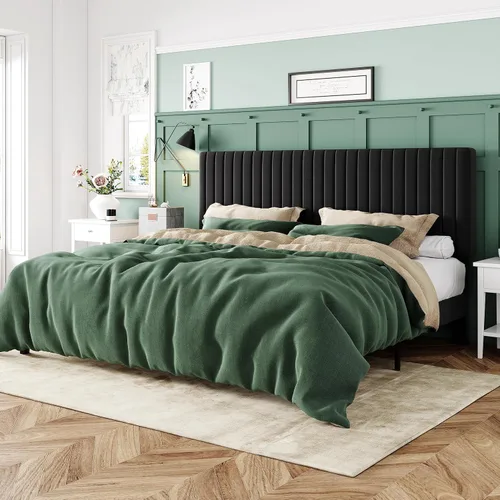 Miniatura 18 de Allewie - Base de cama tamaño King con cabecera acolchada tapizada en terciopelo y diseño acanalado vertical ajustable; plataforma de cama con base