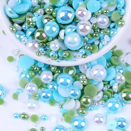 Miniatura 41 de Perlas con parte trasera plana para manualidades, 50g Mezcla Azul Rosa Blanco Medias perlas para manualidades, Tamaño mixto 3/4/5/6/8/10mm Perlas