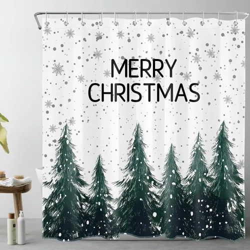 Miniatura 35 de EOBTAIN Cortina de ducha de hojas verdes de Navidad para baño, ramas de piña y abeto con bayas rojas sobre negro, cortina de ducha con 12 ganchos