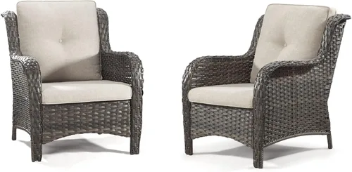 Miniatura 13 de Juego de 2 sillas de patio giratorias de 360 grados para exteriores y mesa auxiliar a juego – 3 sillas deslizantes de mimbre para patio con cojines