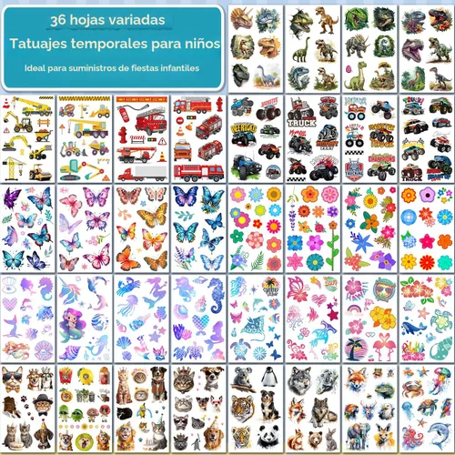Miniatura 2 de CHARLENT Tatuajes Temporales para Niños - 320 Estilos Mixtos (36 Hojas) Juego de Calcomanías de Tatuajes para Niños y Niñas, Carro Dinosaurio Hawaii