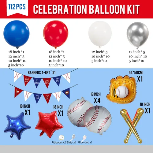Miniatura 7 de Decoraciones de fiesta de cumpleaños de béisbol: con arco de globos rojo, blanco y azul y guantes de bate de béisbol, globos de papel de aluminio