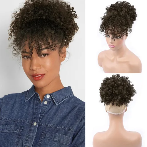 Miniatura 11 de Cola de caballo con cordón y flequillo, extensiones de cola de caballo afro para mujer, cola de caballo corta y rizada con flequillo con clip para 1b