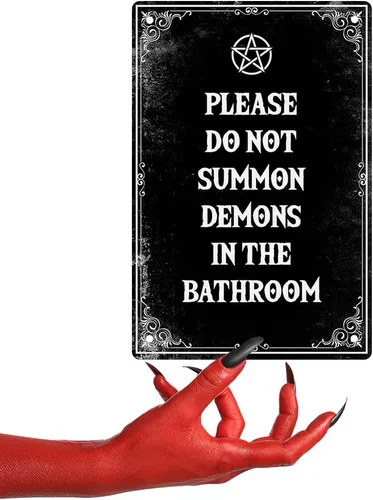 Miniatura 5 de IRISIVITA - Letrero de metal espeluznante, con texto en inglés "Please Do Not Summon Demons In The Bath", arte gótico de pared, decoración