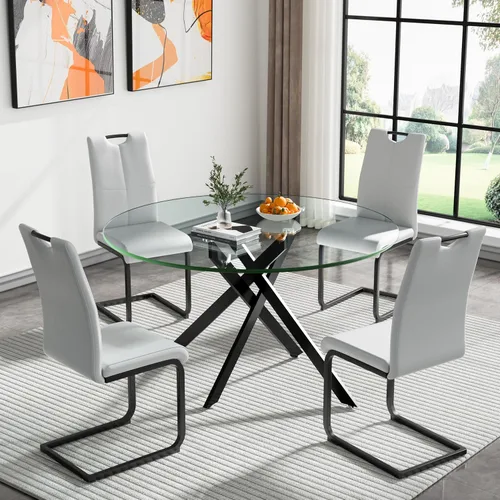 Miniatura 56 de Juego de mesa de comedor redonda de 3 piezas para 2, mesa de cocina moderna de vidrio plateado y sillas para 2 con sillas tapizadas, juego de mesa