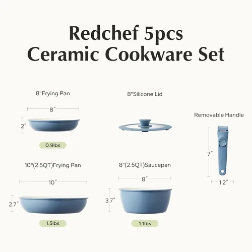 Miniatura 9 de Redchef - Juego de utensilios de cocina de cerámica, ollas y sartenes antiadherentes con mango extraíble, juego de utensilios de cocina Rv, juego