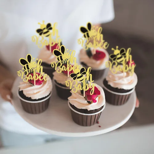 Miniatura 5 de 24 piezas de adornos para cupcakes Bee Oh Baby con purpurina dorada Bumble Bee Oh Babee, palillos para cupcakes con tema de bumble bee para baby