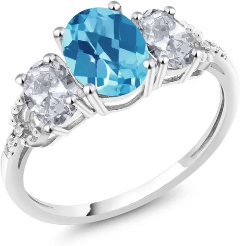 Miniatura 44 de Anillo de compromiso ovalado de oro blanco de 10 quilates con piedra natal y topacio blanco de 3 piedras con detalles de diamante Centro de 0.315
