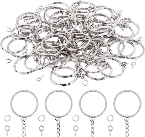 Miniatura 21 de Swpeet Juego de 450 llaveros planos negros de 4/5 pulgadas de 0.787 in, incluye 150 llaveros divididos con cadena y 150 anillos de salto con 150