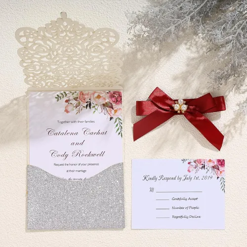 Miniatura 3 de AdasBridal 25 invitaciones de corte láser con purpurina plateada con tarjetas y sobres, diseño de diamante y cinta de lujo con inserto de papel