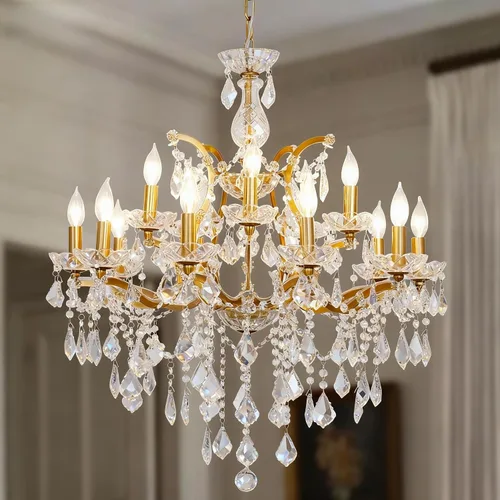 Miniatura 12 de Candelabros de cristal de bronce antiguo de lujo con lámpara colgante de vela, lámpara de techo de 6 luces de cristal dorado para comedor, sala