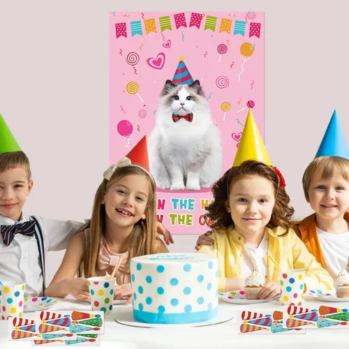 Miniatura 8 de Juego de fiesta de Hooqict Pin The Hat On The Cat para gatos, juegos de fiesta de cumpleaños de gato para niños, suministros de fiesta de cumpleaños