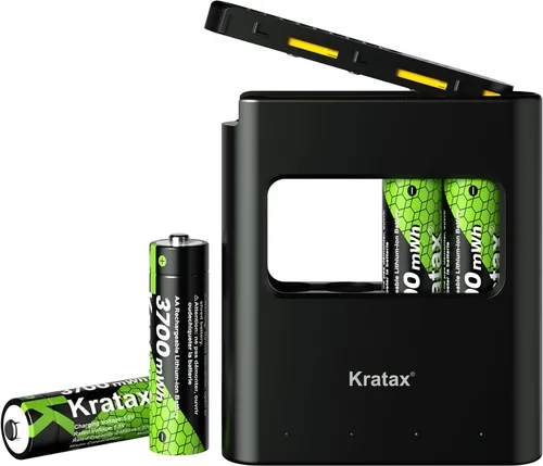 Kratax Baterías de litio recargables AA de 3700 mWh con cargador, paquete de 4 baterías de iones de litio dobles A de alta capacidad de 1.5 V, larga
