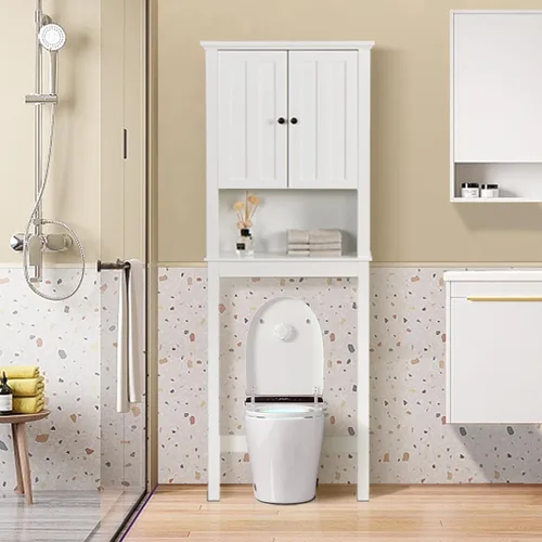Miniatura 5 de Gabinete de almacenamiento sobre el inodoro, organizador de armario de almacenamiento de baño con puertas y estante ajustable, ahorro de espacio