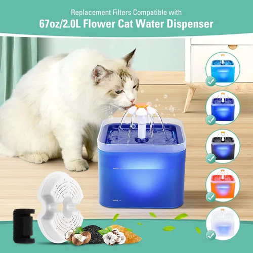 Miniatura 7 de Paquete de 4 filtros de repuesto y esponjas de bomba para dispensador de agua colorido para gatos de 67 oz/2 litros con luz LED, filtro de fuente