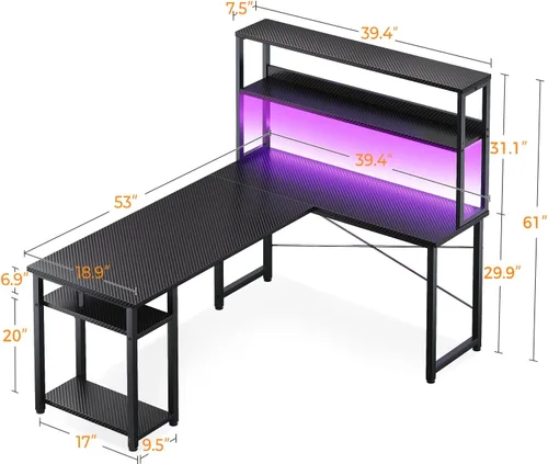 Miniatura 3 de ODK - Escritorio de juegos en forma de L de 53" con estante superior y gancho para auriculares, mesa de computadora de esquina con estanterías