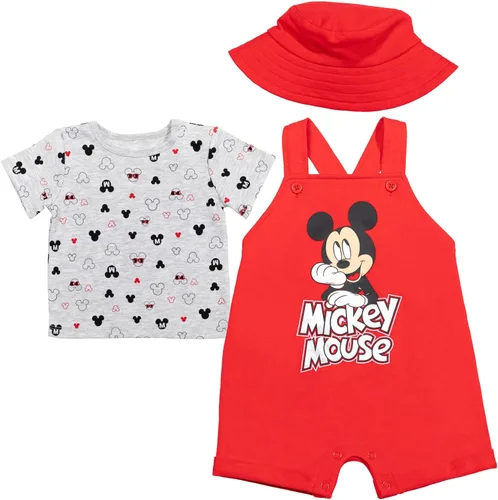 Miniatura 16 de Disney Conjunto de 3 piezas de overoles cortos de rizo francés para bebé, camiseta y sombrero, tallas de recién nacido a bebé (0-24 meses)