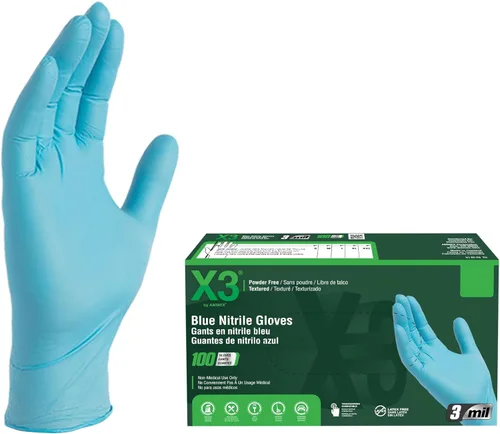 X3 Guantes desechables de nitrilo azul de grado industrial, 3 mil, sin látex y polvo, seguros para alimentos, no estériles, ligeramente texturizados