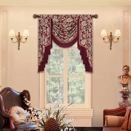 Miniatura 17 de Loom and Mill Cenefa de cascada de lujo de jacquard para sala de estar, elegantes cenefas de ventana con festones y cuentas damascadas, cortinas
