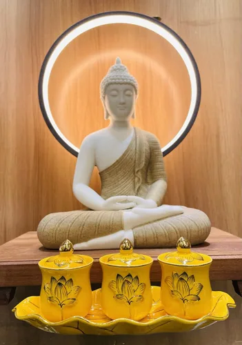 Miniatura 4 de Houlu Juego de 3 tazas de altar, taza de cerámica para ofrenda de agua bendita, taza de adoración budista tibetana (amarillo)