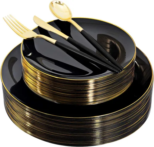 150 platos de plástico negro, platos negros y dorados, cubiertos de plástico dorado, juego de vajilla negro y dorado, Taleware de alta calidad,
