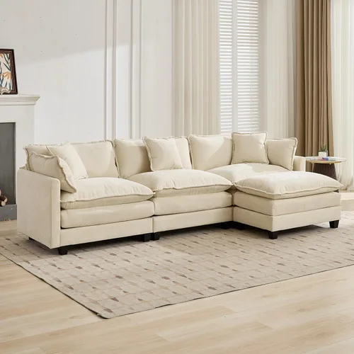 Miniatura 4 de Sofá seccional modular beige de 111.5 pulgadas, sofás seccionales grandes de 3 asientos para sala de estar, tela de chenilla marfil blanquecino