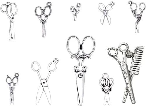 PH PandaHall 50 dijes de tijeras de 10 estilos, dijes, tijeras de costura, abalorios para hacer collares, pulseras, plata envejecida, 50 unidades
