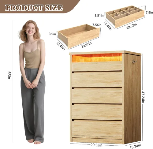 Miniatura 2 de Jocoevol Cómoda de 5 cajones para dormitorio con luz LED, cómoda moderna con asas ocultas, armario alto de madera para sala de estar, entrada