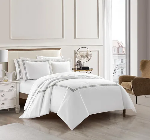 Miniatura 2 de Chic Home Lewiston - Juego de funda de edredón de mezcla de algodón de 3 piezas, 1500 hilos, color blanco sólido con detalles de costuras bordadas